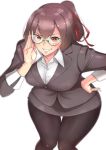  1girl bespectacled bifidus blouse breasts brown_eyes brown_hair glasses grin hand_on_hip ise_(kantai_collection) jacket kantai_collection leaning_forward pantyhose ponytail purple_jacket purple_skirt skirt sleeve_cuffs smile 