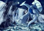  full_moon lugia moon night night_sky no_humans pippi_(pixiv_1922055) pokemon pokemon_(creature) rain sky solo water waterfall 