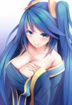  1girl bare_shoulders blue_eyes blue_hair breasts cleavage collarbone hair_ornament hand_on_own_chest kiseno large_breasts league_of_legends off_shoulder smile sona_buvelle twintails upper_body wide_sleeves 