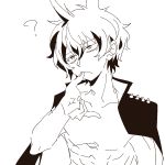  1boy gakuran hand_in_mouth jacket_on_shoulders kabutomoaki looking_up male_focus monochrome no_hat personification school_uniform shirtless show_by_rock!! solo upper_body 