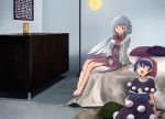  2girls barefoot blue_eyes blue_hair book bowtie capelet doremy_sweet dress hat indoors kishin_sagume long_sleeves looking_at_another multiple_girls nightcap on_bed on_floor open_book open_mouth purple_dress red_eyes short_hair silver_hair single_wing sitting smile tbonjobi_(sukemasa) touhou vest wings 