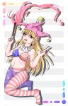  1girl american_flag_legwear american_flag_panties blonde_hair bra breasts clownpiece eyes_visible_through_hair grey_background hat highres hips hiyashi_mikan jester_cap long_hair looking_at_viewer navel open_mouth panties panties_under_pantyhose pantyhose pointy_ears print_bra red_eyes small_breasts solo stomach striped striped_background teeth thighs toes tongue torch touhou underwear v very_long_hair 