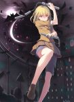  1girl bangs blonde_hair blunt_bangs blush brown_eyes looking_at_viewer midorikawa_hana nunchaku pleated_skirt prison_school school_uniform short_hair shorts shorts_under_skirt skirt smile solo uta_(pixiv) weapon 