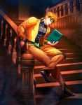  abs assate blonde_hair blurry book crossed_legs depth_of_field dio_brando earrings headband holding holding_book jacket jewelry jojo_no_kimyou_na_bouken knee_pads pointy_shoes red_eyes shoes sitting_on_railing stairs 