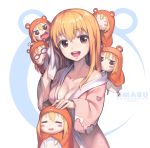  1girl animal_costume blonde_hair blush blush_stickers breasts brown_eyes chibi cleavage closed_eyes doma_umaru glasses hamster_costume himouto!_umaru-chan hood japanese_clothes kimono long_hair looking_at_viewer newey open_mouth smile solo yukata 