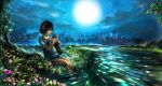  00 1girl black_hair cat city city_lights cityscape clouds dark dress feet_in_water flower full_moon grass hair_ornament hairclip highres holding_animal moon mountain night original partially_submerged petting profile ripples scenery short_hair sitting sky smile soaking_feet solo tree water white_dress 