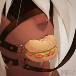  1girl bdsm blindfold close-up collar dark_skin face food gag hamburger leash saliva sansei_muramasa soukou_akki_muramasa spiked_collar spikes white_hair yan_wan 