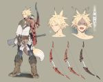  1boy arrow blonde_hair boots bow_(weapon) character_sheet fangs grey_background highres honya_lala male_focus mechanical_arm original pointy_ears quiver red_eyes simple_background solo spiky_hair tail weapon 