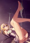  1girl aqua_eyes armor ass bare_legs barefoot black_gloves blonde_hair breasts dress elbow_gloves fate/grand_order fate/stay_night fate_(series) flag gloves highres large_breasts legs_up looking_at_viewer lying on_back panties pantyshot pantyshot_(lying) planted_sword planted_weapon revision ruler_(fate/apocrypha) shijiu_(adamhutt) solo sword underwear water weapon white_dress white_panties 
