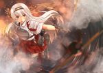  1girl airplane blurry bow_(weapon) depth_of_field ginger_(syoga) hairband japanese_clothes kantai_collection long_hair remodel_(kantai_collection) shoukaku_(kantai_collection) silver_hair solo weapon 