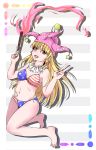  1girl american_flag_panties blonde_hair bra breasts clownpiece eyes_visible_through_hair grey_background hat highres hiyashi_mikan jester_cap legs long_hair looking_at_viewer navel open_mouth pointy_ears print_bra red_eyes small_breasts solo stomach striped striped_background teeth thighs toes tongue torch touhou underwear v very_long_hair 