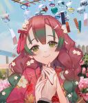  1girl braid flower gradient_hair green_eyes highres holding_hand japanese_clothes kanroji_matsuri kimetsu_no_yaiba kimono long_hair looking_at_viewer mole multicolored_hair open_mouth peach_luo pink_hair solo teeth upper_body wind_chime yukata 