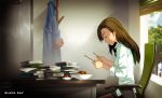  1girl blurry broken_chopsticks brown_hair chair chopsticks closers depth_of_field food from_side kim_yujeong noodles pantyhose paper ress robe sauce sitting sleeves_rolled_up solo sunlight table tree 