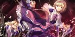  1girl alice_margatroid blonde_hair blue_eyes bow capelet dress elise_(piclic) hair_bow hairband highres lance long_hair polearm puppet_rings puppet_strings purple_dress sash shanghai_doll touhou weapon 