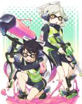  +_+ 2girls aori_(splatoon) bike_shorts black_hair brown_eyes commentary fangs grey_hair gun headgear highres holding hotaru_(splatoon) kneeling long_hair long_sleeves looking_at_viewer mask mole mole_under_eye multiple_girls open_mouth oversized_object paint_roller paint_splatter rifle shirt shoes short_hair single_vertical_stripe smile sneakers sniper_rifle splatoon spoilers standing takano_itsuki vest weapon 