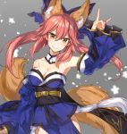  1girl :&gt; \n/ animal_ears bare_shoulders bow breasts caster_(fate/extra) cleavage collarbone detached_sleeves fate/extra fate_(series) fox_ears fox_tail grey_background hair_bow hair_ribbon japanese_clothes long_hair looking_at_viewer multiple_tails pink_hair ribbon simple_background solo tail twintails tyokoa4649 yellow_eyes 