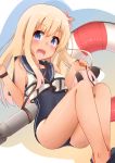  1girl absurdres blonde_hair blue_eyes crop_top flower hair_flower hair_ornament highres kantai_collection kapatarou lifebuoy long_hair one-piece_tan ro-500_(kantai_collection) sailor_collar school_swimsuit swimsuit swimsuit_under_clothes tan tanline torpedo 