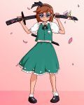  1girl blue_eyes brown_hair cherry_blossoms commentary cosplay full_body glasses gradient gradient_background gretchen_(phineas_and_ferb) hairband holding_weapon kanraku_shi katana konpaku_youmu konpaku_youmu_(cosplay) looking_at_viewer mary_janes parody petals phineas_and_ferb pink_background puffy_short_sleeves puffy_sleeves ribbon round_glasses shirt shoes short_hair short_sleeves simple_background skirt skirt_set solo standing sword touhou vest wakizashi weapon 