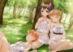  3girls bare_legs bare_shoulders barefoot black_hair bracelet brown_hair closed_eyes dress earrings finger_to_mouth flower forest grass hair_flower hair_ornament hand_on_another&#039;s_head highres hoshizora_rin jewelry koizumi_hanayo lap_pillow looking_at_viewer love_live!_school_idol_project lying multiple_girls natsu_(natume0504) nature on_back redhead short_hair sitting sleeping smile tree_shade twintails white_dress yazawa_nico 
