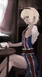  1girl alice_margatroid blonde_hair blue_dress blue_eyes capelet chair cup dress dyolf hairband hand_in_hair hips indoors legs looking_at_viewer looking_to_the_side muted_color parted_lips ribbon short_hair sitting solo table tea thighs touhou tree wall window 