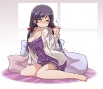  1girl bare_legs barefoot bed_sheet blue_eyes blush bow breasts cleavage commentary_request fever hair_bow hood_down hooded_jacket love_live!_school_idol_project nightgown pillow purple_hair shikei_(jigglypuff) sitting solo sweat thermometer toujou_nozomi twintails yokozuwari 