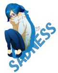  1girl blue_eyes blue_hair character_name disney glasses inside_out mum_(pixiv1182764) personification pixar sadness_(inside_out) short_hair solo sweater 