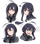  1boy ? ^_^ ahoge black_hair catfish closed_eyes fish grin male_focus matsuki_(mikipingpong) namazuo_toushirou necktie object_namesake open_mouth ponytail smile squiggle touken_ranbu upper_body violet_eyes 