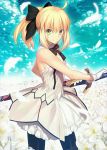  1girl black_ribbon blonde_hair breasts dress fate/grand_order fate_(series) flower green_eyes hair_ribbon holding_sword holding_weapon looking_at_viewer official_art pantyhose ribbon saber saber_lily sideboob smile solo sword takeuchi_takashi upscaled waifu2x weapon white_dress 