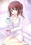  1girl bare_legs barefoot blush breasts brown_hair cleavage coffee_mug commentary_request dress_shirt ebina_nana heart himouto!_umaru-chan knees_together_feet_apart large_breasts long_hair looking_at_viewer open_mouth red_eyes sakura_honoka_(srhk0623) shirt sitting smile solo spoken_heart twintails wariza 