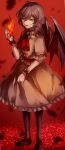  1girl ascot bat_wings black_legwear blood blood_splatter brooch dress eredhen fang flame full_body highres jewelry lavender_hair looking_at_viewer no_hat open_mouth pink_dress puffy_short_sleeves puffy_sleeves red_eyes remilia_scarlet short_sleeves slit_pupils solo touhou wings wrist_cuffs 