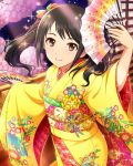  1girl artist_request black_hair brown_eyes fan folding_fan hair_ornament idolmaster idolmaster_cinderella_girls japanese_clothes jpeg_artifacts kimono nakano_yuka official_art solo sparkle twintails yukata 