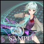  1girl border bowtie dress kishin_sagume long_sleeves looking_at_viewer no_wings open_mouth purple_dress radiosity_(yousei) red_eyes sample short_hair silver_hair solo touhou vest 