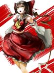  1girl abstract_background ascot bow breasts brown_eyes brown_hair cowboy_shot detached_sleeves gohei hair_bow hair_tubes hakurei_reimu highres long_hair midriff miso_saba navel open_mouth ponytail red_background ribbon-trimmed_sleeves ribbon_trim solo standing touhou white_background wind wind_lift 