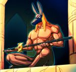  abs animal_ears anubis_(stand) assate collarbone glowing holding_sword holding_weapon indian_style jojo_no_kimyou_na_bouken muscle no_humans nude sitting snout solo stand_(jojo) sword weapon 