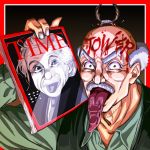  albert_einstein assate bald blood blood_on_face border brown_eyes crazy_eyes gray_fly_(jojo) holding jojo_no_kimyou_na_bouken long_tongue magazine old_man outside_border red_border stand_(jojo) time_(magazine) tongue tongue_out tower_of_grey_(stand) white_hair 