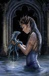  1girl anne_stokes artist_name black_eyes black_hair dragon dress earrings jewelry looking_at_another original partially_submerged pillar pointy_ears scales signature sleeveless sleeveless_dress tattoo water water_dragon water_droplets watermark web_address 