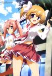  2girls absurdres ahoge black_legwear blonde_hair bow clouds fang gun hidan_no_aria highres kanzaki_h_aria kubo_mariko legs looking_back mamiya_akari megami multiple_girls official_art open_mouth red_eyes redhead school_uniform serafuku sky thigh-highs twintails weapon zettai_ryouiki 