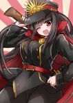  ;d belt black_hair blush breasts cape commentary_request demon_archer fate/grand_order fate_(series) hand_on_hip hat katana koha-ace large_breasts long_hair military military_uniform ohitashi_netsurou one_eye_closed open_mouth peaked_cap red_eyes smile sunburst sword uniform very_long_hair weapon 