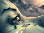  arms_behind_back bridge brown_eyes clouds cloudy_sky cyril_rolando eyelashes face fir_tree hill landscape muted_color nature original outdoors river road scenery skirt sky solo standing stream tears tree 