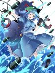  1girl backpack bag black_gloves blue_eyes blue_hair crowbar gloves hair_bobbles hair_ornament hat highres kawashiro_nitori looking_at_viewer mechanical_arms one_eye_closed open_mouth revision rihito_(usazukin) shirt short_sleeves skirt smile solo touhou twintails water 
