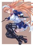  1girl boots brown_eyes brown_hair dress fingerless_gloves garter_straps glasses gloves hair_ribbon high_heel_boots high_heels highres holster knife long_hair maid maid_headdress original ribbon solo thigh-highs thigh_boots thigh_strap tori@gununu very_long_hair 