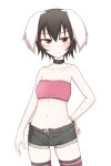  1girl alternate_costume animal_ears black_hair choker collarbone highres inaba_tewi kuroba_rapid looking_at_viewer midriff multicolored_legwear navel rabbit_ears red_eyes short_hair shorts simple_background solo striped striped_legwear thigh-highs touhou unbuttoned white_background 