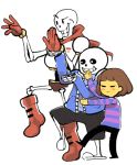  androgynous armor blush_stickers boots brown_hair closed_eyes frisk_(undertale) height_difference hoodie inkerton-kun multiple_boys papyrus_(undertale) sans shirt skeleton slippers smile striped striped_shirt undertale yellow_skin yotsubato! yotsubato!_pose 