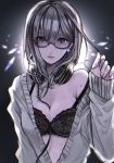  1girl bangs black-framed_glasses blunt_bangs bra cardigan diamond earrings floral_print gem glasses grey_eyes grey_hair headphones headphones_around_neck holding_hair jewelry lace-trimmed_bra long_hair long_sleeves looking_at_viewer mole mole_on_breast mole_under_eye mole_under_mouth noricopo_(nori0w0) off_shoulder open_cardigan open_clothes original pink_lips solo sweater underwear upper_body 