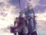  2boys armor fire_emblem fire_emblem_if gauntlets ignis_(fire_emblem_if) kuzumosu lance monochrome multiple_boys polearm siegbert_(fire_emblem_if) sky weapon 