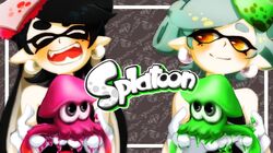  +_+ 2girls aori_(splatoon) biikii black_hair blush brown_eyes closed_eyes copyright_name earrings fangs food food_on_head gloves grey_hair gun holding hotaru_(splatoon) jewelry long_hair looking_at_another mole mole_under_eye multiple_girls object_on_head open_mouth paint paint_roller pointy_ears smile splatoon squid super_soaker upper_body weapon white_gloves 