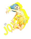  1girl barefoot blue_eyes blue_hair character_name disney inside_out joy_(inside_out) mum_(pixiv1182764) open_mouth personification pixar short_hair smile solo 