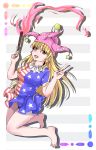  1girl american_flag_panties american_flag_shirt blonde_hair breasts clownpiece eyes_visible_through_hair grey_background hat highres hiyashi_mikan jester_cap legs long_hair looking_at_viewer open_mouth panties pointy_ears red_eyes short_sleeves solo striped striped_background teeth thighs toes tongue torch touhou underwear v very_long_hair white_background 