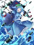 1girl backpack bag black_gloves blue_eyes blue_hair crowbar gloves hair_bobbles hair_ornament hat highres kawashiro_nitori looking_at_viewer mechanical_arms one_eye_closed open_mouth rihito_(usazukin) shirt short_sleeves skirt smile solo touhou twintails water 
