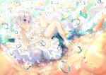  1girl bare_shoulders barefoot blue_eyes bubble dress kinokoko-kino legs original petals short_hair solo white_hair 